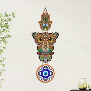 Sculpture murale hibou coloré œil porte-bonheur Art Déco en MDF pour entrée de maison, charme porte-bonheur Vastu - Product Image 3