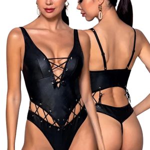 Women's Black PU Leather <b>Bodysuit</b> Hollow Out Lace-Up Back Sexy Lingerie Set 2 Pieces - Product Image 3