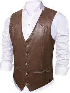 Men's <b>Brown</b> PU Leather <b>Vest</b> V-Neck Single Breasted Casual Outerwear Autumn Solid Color Button Closure Regular Length - Product Image 4
