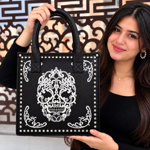 Latest Collection Real Leather <b>Tote</b> <b>Bag</b> Stylish Halloween Pattern Black Bohemian Style Two Handles <b>Zip</b> Closure Women Handbag - Product Image 3