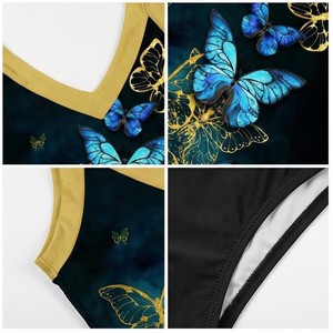 Ensemble de yoga 2 pièces imprimé papillon bleu avec finition dorée, body à col en V profond et jupe portefeuille longueur genou - Product Image 4