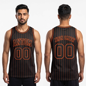 Maillot de basketball personnalisé noir et orange à fines rayures, sublimé, 100 % polyester, avec numéros et contours contrastants, style streetwear, en maille, pour homme et équipe - Product Image 1
