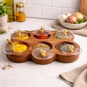 Best Quality Handcrafted Rectangular Spice <b>Box</b> <b>Masala</b> Dabba Acrylic Lid with 6 Round Compartments Food Safe Acacia Spice <b>Box</b> - Product Image 2