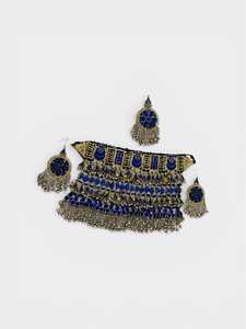 Antique Gold Afghan Tribal Kuchi Jewelry <b>Set</b> For Women Featuring Large Reflective <b>Crystals</b> In Choker Necklace And Long Dangling - Product Image 4