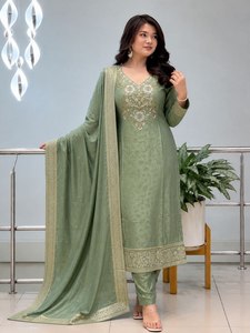 Elegant <b>Green</b> <b>Silk</b> Salwar Kameez Set With Embroidered Dupatta For Women Traditional Wedding Wear Regular Fit Floor Length - Product Image 2