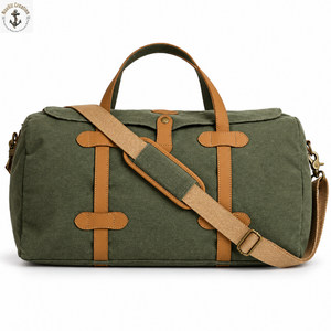 Heritage Olive Canvas Travel Duffel <b>Bag</b> with <b>Tan</b> Strap Details | Classic Large Weekender Carryall with Adjustable Shoulder Strap - Product Image 1