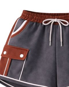 Women Rust Brown And Charcoal Grey Color Block Crop Zip Hoodie <b>Shorts</b> Set With Cargo Pockets Casual Two Piece Outfit Wholesale - Product Image 6