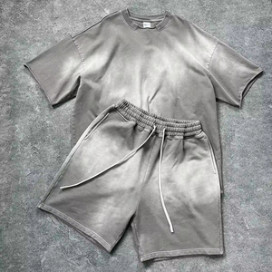 Hot Summer High Quality Men Two Piece Shorts <b>Set</b> Men Suits Acid Wash Cotton 100% T Shirts Jogger Running Stone Wash Shorts <b>Sets</b> - Product Image 2