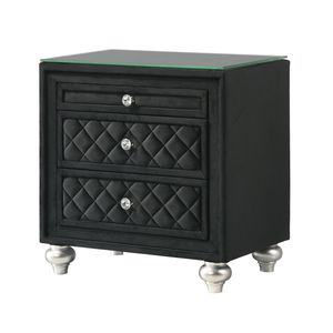 Comodino Tradizionale Glamour a 3 Cassetti con Fronte Trapuntato in Velluto e Pomelli in Finto Cristallo, Vassoio Portagioie Nero - Product Image 1