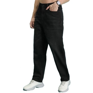 Jean en denim de coton noir uni pour homme, taille haute, coupe droite, coupe classique, poids moyen, pour l'automne - Product Image 3