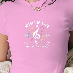 T-shirt court pour femme MUSIC IS LIFE, coupe ajustée, style Y2K, col rond, imprimé par transfert thermique, tissu tricoté en spandex/polyester - Product Image 2