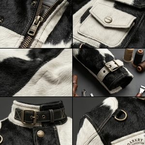 Chaqueta de cuero con pelo de vaca personalizada al por mayor para hombre, estilo desgastado, con retazos geométricos y múltiples bolsillos, para exteriores. - Product Image 6