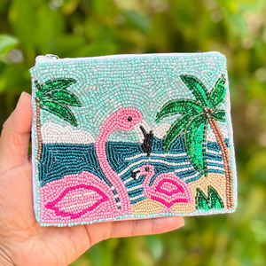 Monedero de mujer hecho a mano con cremallera y cuentas, diseño de flamenco tropical al atardecer, tipo clutch de playa con palmera, bordado bonito, regalo costero para resort - Product Image 2