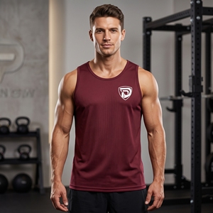 Dumela International Men's <b>Maroon</b> Sleeveless Tank <b>Top</b> O-Neck Solid Breathable 220g Knitted Polyester/Cotton Casual Wear Plain - Product Image 3