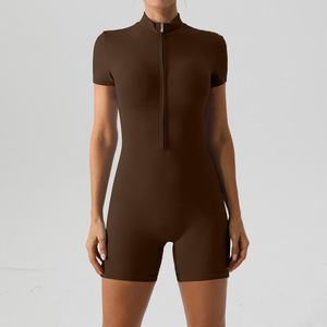 Women's High Waist Solid Color Zipper Front Short Sleeve Singlet Minimalist Yoga Wear Quick Dry Spandex Cotton High Stretch - Product Image 1