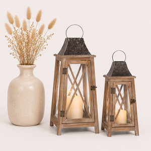 Classic Large Farmhouse Wooden <b>Lantern</b> <b>Set</b> of 2 Distressed Brown Candle <b>Lanterns</b> with Metal Top for Outdoor Garden and Indoor - Product Image 3