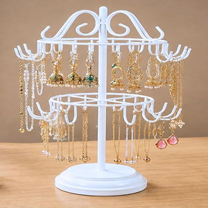 Support de rangement pour bijoux en métal à 2 niveaux avec 40 crochets, 360° °   Support rotatif pour boucles d'oreilles, colliers, bracelets et bagues, présentoir à bijoux - Product Image 2