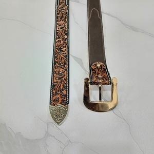 100% Genuine Leather Western <b>Belt</b> Floral <b>Tooled</b> Designer Cowboy <b>Belt</b> Silver Pin Buckle Vintage Casual Style <b>Belt</b> For Men & Women - Product Image 2