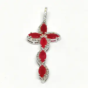 Light Weight Marquise Cut Stone Beautiful Design Cross Pendant 925 Sterling Silver Real and Genuine Ruby Gemstone Pendant