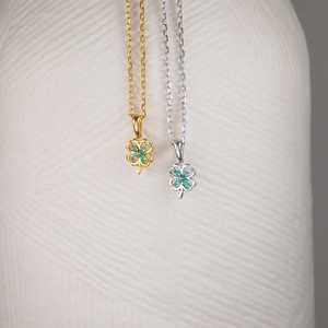 Green Chrysoprase Pendant Silver <b>Clover</b> Dainty Lucky Gemstone Necklace 925 Sterling Silver 14K Gold Plated Gift - Product Image 2