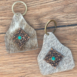 Nuevo Western Stylish Hair on Hide Leather Turquoise Key Fob Venta caliente Llavero de cuero genuino Forma única Llavero de lujo de cuero - Product Image 3