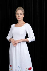 Hand-Embroidered White Linen Maxi Dress Square Neckline <b>Three</b>-Quarter Sleeves Artisanal Floral Crewel Work Gown - Product Image 5