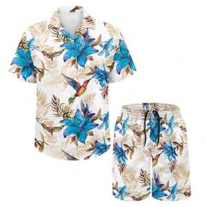 Camisa de manga corta con botones y estampado de palmeras blancas y negras para hombre, conjunto de 2 piezas con pantalones cortos a juego, atuendo informal hawaiano para la playa - Product Image 6