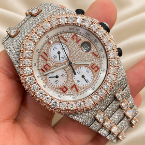 นาฬิกาข้อมือผู้ชาย Raj Gems รุ่นโรสโกลด์ ตัวเรือนสแตนเลสสตีล ขนาด 41 มม. หน้าปัดทาคีมิเตอร์ 20 มม. ประดับเพชร พร้อมฟังก์ชั่นโครโนกราฟ ดีไซน์หรูหรา - Product Image 3