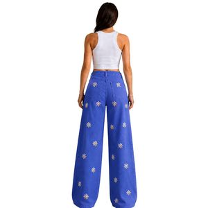 Jean en denim bleu roi pour femme, coupe large, broderie florale, taille haute, ample, style streetwear décontracté, personnalisable OEM ODM, vente en gros - Product Image 2