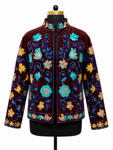 Artisan Wine <b>Velvet</b> Jacket Women Turquoise Floral Embroidery Modal Outerwear Elegant Winter <b>Blazer</b> Traditional Festive Coat - Product Image 1