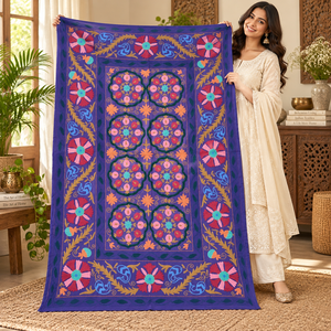 Couvre-lit en coton Suzani fait main exclusif, broderie florale violette rose aqua, style bohème ethnique indien, décoration de la maison - Product Image 4
