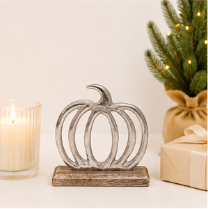 Antique Finish Aluminum Pumpkin Cutout Figurine With Natural Wooden Block Elegant Seasonal Fall Harvest <b>Decoration</b> For Mantels - Product Image 4