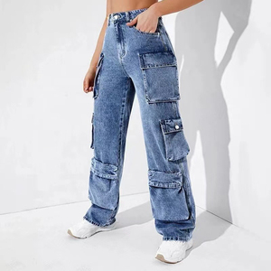 Pantalones vaqueros cargo holgados para mujer, transpirables, casuales, azules lavados, de pierna ancha, multibolsillos, estilo techwear, con logo en la cintura - Product Image 3