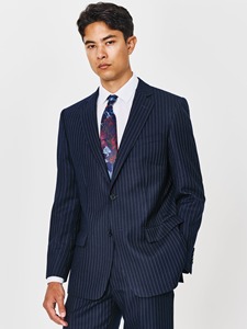Costume pour homme adulte en mélange de laine à fines rayures bleu marine, simple boutonnage, col à revers, style professionnel, infroissable, grande taille, coupe droite - Product Image 5