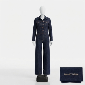 <b>Women</b> Dark <b>Blue</b> Denim Jacket And Wide Leg <b>Jeans</b> Set Fitted Two Piece Matching Outfit Casual Streetwear Fashion - Product Image 3