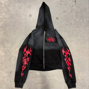 <b>Men's</b> Black Hooded Zipper <b>Sweatshirt</b> <b>Red</b> Flame Print French Terry Streetwear Regular Fit Autumn Wear - Product Image 2