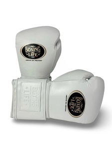 ถุงมือชกมวยหนังวัวแท้สีขาวแบบสั่งทำพิเศษ No Boxing No Life สำหรับฝึกซ้อม MMA แบบรัดตีนตุ๊กแก ปิดนิ้วเต็มรูปแบบ ซับเหงื่อได้ดี - Product Image 1