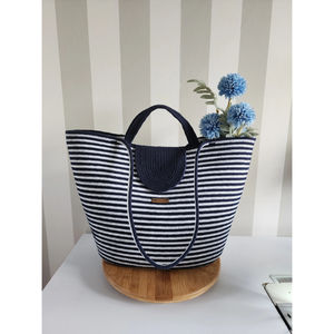 Sac fourre-tout en crochet fait main bleu et blanc en coton, sac à bandoulière grande capacité, doux, entièrement doublé, pour l'été, la plage ou le marché, avec corde blanche - Product Image 6