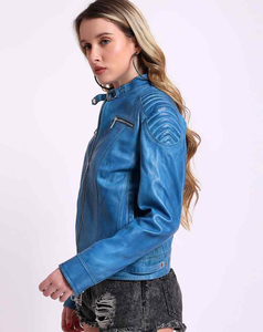 Premium Quality Blue Genuine <b>Leather</b> Motorcycle <b>Jacket</b> Women Stand Collar Zipper Biker <b>Jacket</b> <b>Cheap</b> Price Low MOQ - Product Image 2