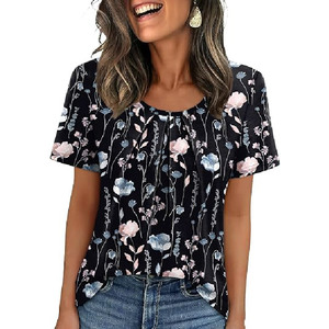 Camiseta Floral Personalizada OEM para Mujer, Cuello Redondo, Manga Corta Plisada, Blusa Casual Transpirable de Verano para Dama, Venta al por Mayor - Product Image 1