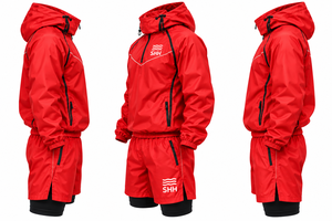 Custom Red Hooded Sauna Suit <b>Men</b> Half Zip Sweat Training <b>Pullover</b> with 2 in 1 Shorts Reflective Workout Fitness Weight Cut Set - Product Image 4