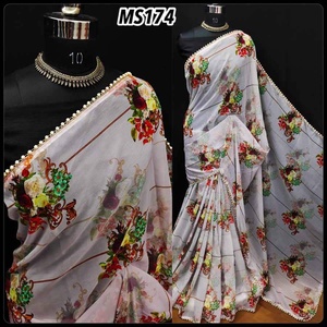 CRÉATEUR GEORGETTE IMPRESSION NUMÉRIQUE SAREE AVEC CHEMISIER NON COUDU BLANC - Product Image 1