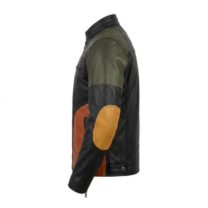 Mens Multi Colorblock Leather Biker Jacket Olive <b>Green</b> Rust Orange Grey Panel Elbow Patch Snap Collar <b>Motorbike</b> Apparel - Product Image 4