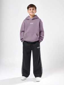 Ensemble de survêtement pour garçons, sweat-shirt à capuche violet en coton à manches longues, pantalon de jogging à rayures noires, décontracté, automne - Product Image 2