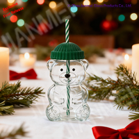 Mignon gobelet en verre avec paille en verre, motif ours en peluche vert, 20 oz, transparent, dessin animé, mug à café, verrerie, cadeau de Noël