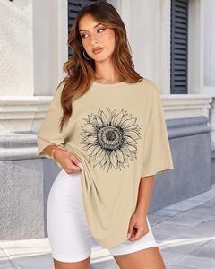 T-shirt décontracté pour femme en jersey de coton beige à col rond et manches courtes, coupe ample, imprimé floral, idéal pour le printemps et l'été - Product Image 3