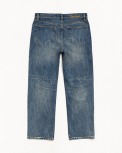 Jean en denim bleu indigo délavé coupe droite décontractée pour homme, finition délavée, logo personnalisé, marque privée, pantalon en denim streetwear - Product Image 3