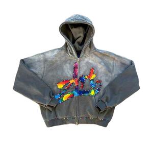 Sudadera con capucha de diamantes de imitación Sun Faded 100% algodón Full Zip up Acid Wash Sudadera con capucha Cremallera Serigrafía Sudadera con capucha 500gsm French Terry - Product Image 1