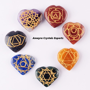 Gemstone 7 Chakra Engraved HEART Shape <b>Set</b> Customization with Wooden Box Natural Stone Wholesale Amayra <b>Crystals</b> Home Decoration - Product Image 3