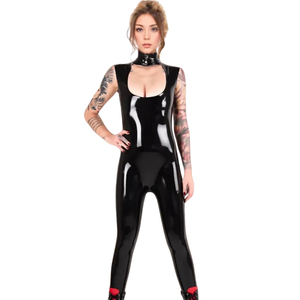 Mono sin mangas negro de PU para mujer, de cintura alta, largo completo, ajustado, para discoteca, con detalle de cremallera - Product Image 5